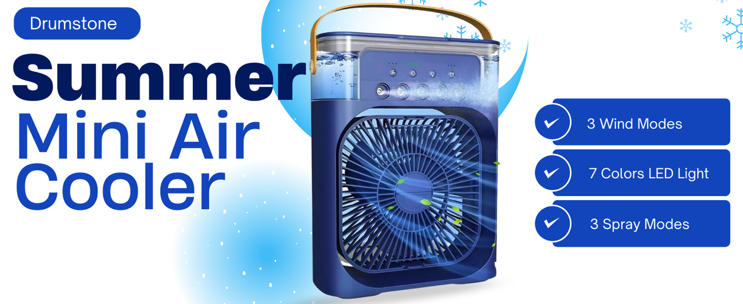 Drumstone 15 Years Warranty Mini Air Cooler & Mist Fan | 3-in-1 Portable Rechargeable AC Fan with LED Night Light, 3 Wind Speeds, Timer, USB Powered | Blue | Ideal for Home & Office