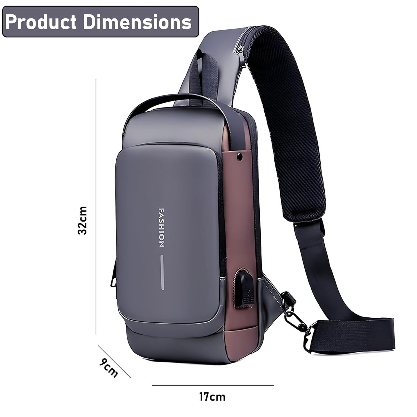 VMMPL Storite Sling Bag for Men Stylish Crossbody Backpack for Men & Women, Anti-Theft Chest Bag with USB Charging Port, Messenger Bags, Casual Shoulder Bag (Grey Brown - 17 x 9 x 32 cm)