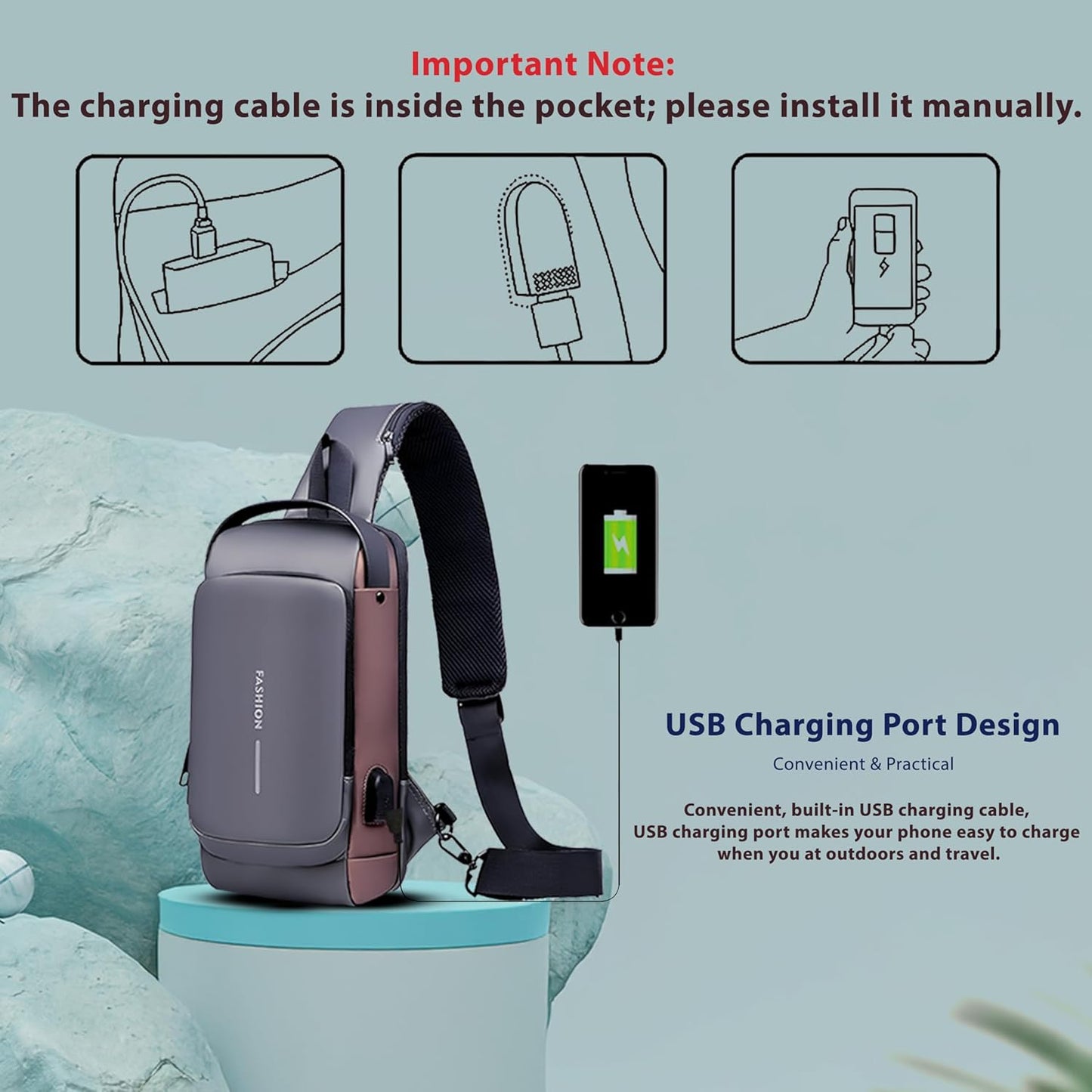 VMMPL Storite Sling Bag for Men Stylish Crossbody Backpack for Men & Women, Anti-Theft Chest Bag with USB Charging Port, Messenger Bags, Casual Shoulder Bag (Grey Brown - 17 x 9 x 32 cm)