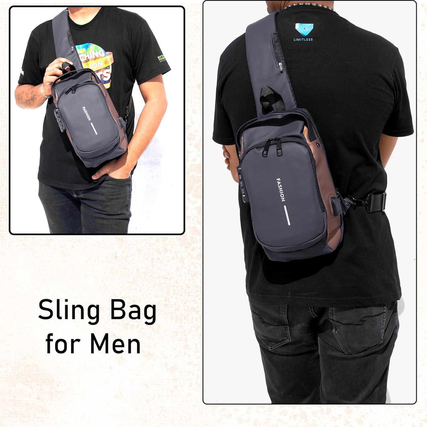 VMMPL Storite Sling Bag for Men Stylish Crossbody Backpack for Men & Women, Anti-Theft Chest Bag with USB Charging Port, Messenger Bags, Casual Shoulder Bag (Grey Brown - 17 x 9 x 32 cm)