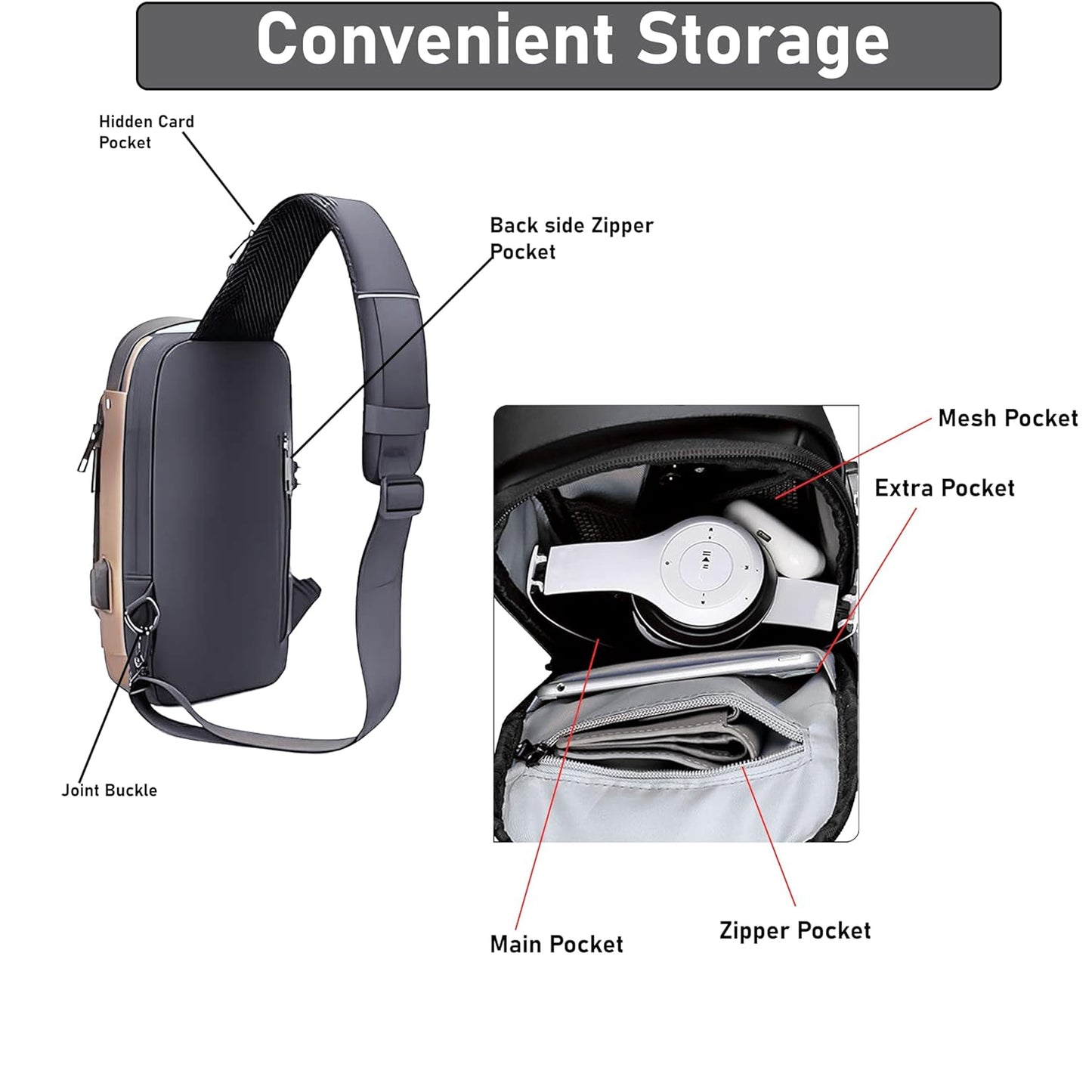 VMMPL Storite Sling Bag for Men Stylish Crossbody Backpack for Men & Women, Anti-Theft Chest Bag with USB Charging Port, Messenger Bags, Casual Shoulder Bag (Grey Brown - 17 x 9 x 32 cm)