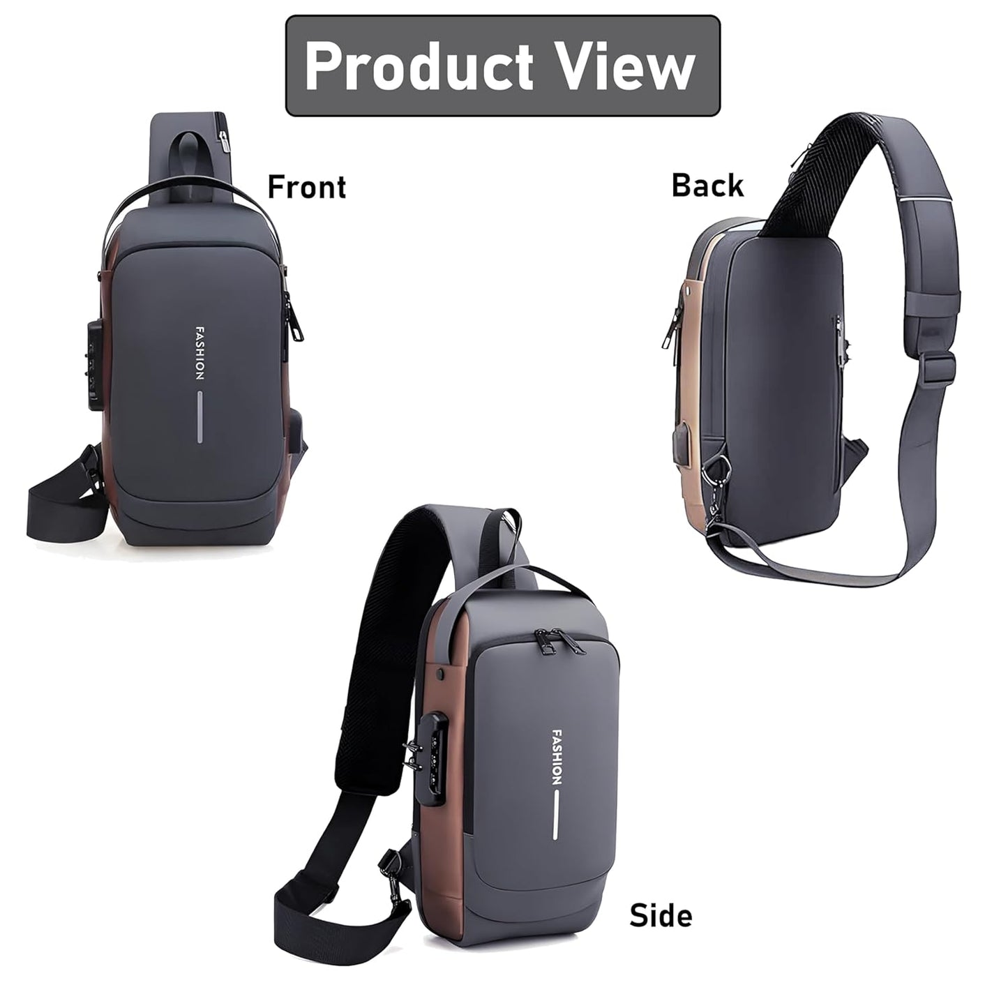 VMMPL Storite Sling Bag for Men Stylish Crossbody Backpack for Men & Women, Anti-Theft Chest Bag with USB Charging Port, Messenger Bags, Casual Shoulder Bag (Grey Brown - 17 x 9 x 32 cm)