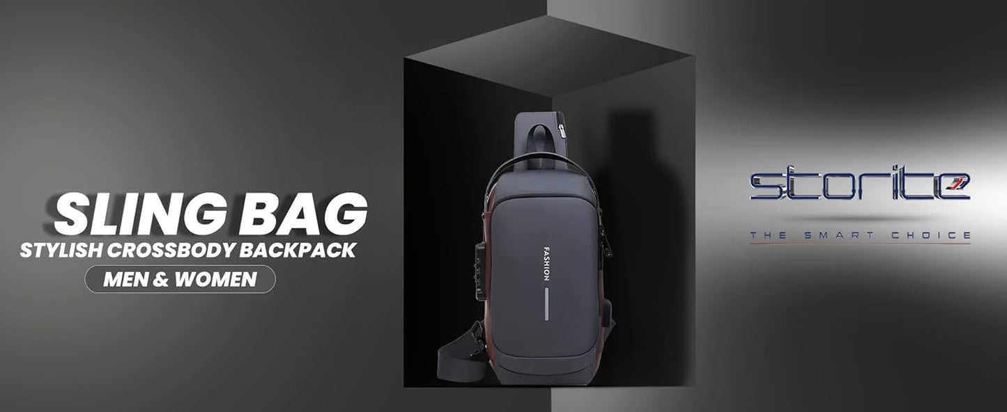 VMMPL Storite Sling Bag for Men Stylish Crossbody Backpack for Men & Women, Anti-Theft Chest Bag with USB Charging Port, Messenger Bags, Casual Shoulder Bag (Grey Brown - 17 x 9 x 32 cm)