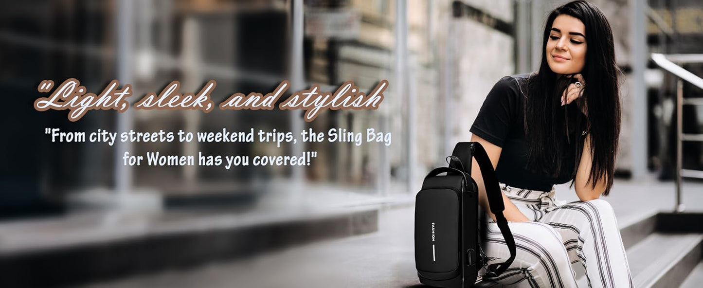 VMMPL Sling Bag for Men | Stylish Crossbody Chest Bag with USB Charging Port | Anti-Theft Shoulder Backpack for Men & Women | Travel Messenger Bag (Black – 17 x 9 x 32 cm)