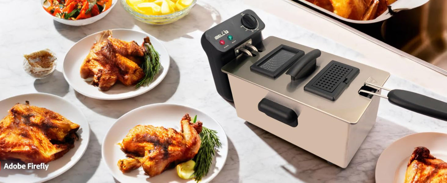 iBELL DF310M Electric Deep Fryer | 3 Litre Stainless Steel Body | 2000W High-Power Heating | Variable Temperature Control | Lid + Removable Basket | Silver