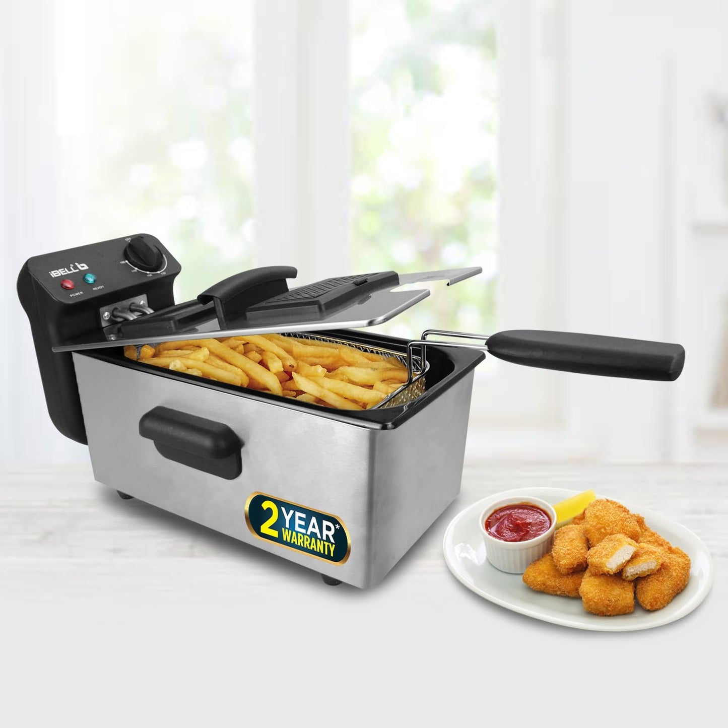 iBELL DF310M Electric Deep Fryer | 3 Litre Stainless Steel Body | 2000W High-Power Heating | Variable Temperature Control | Lid + Removable Basket | Silver