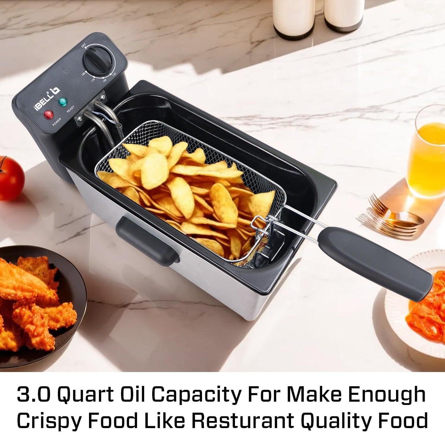 iBELL DF310M Electric Deep Fryer | 3 Litre Stainless Steel Body | 2000W High-Power Heating | Variable Temperature Control | Lid + Removable Basket | Silver