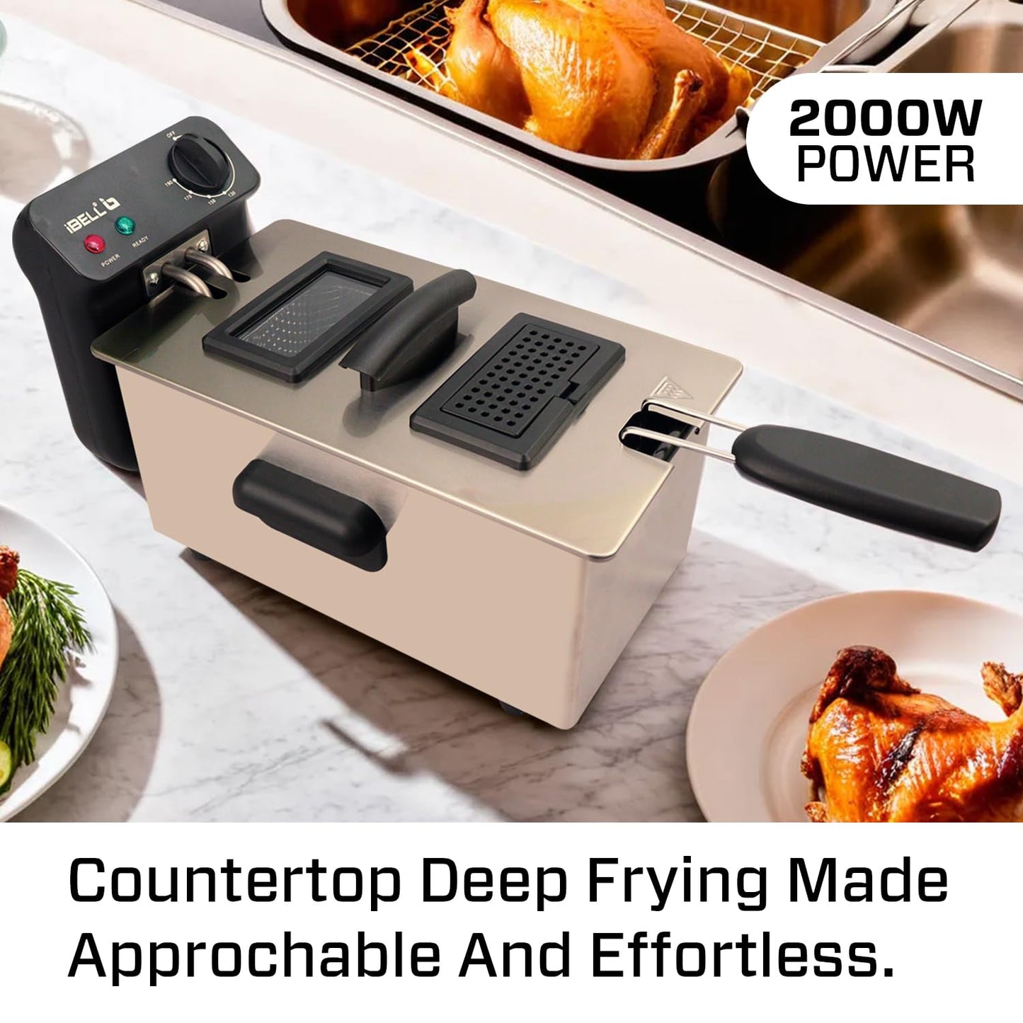 iBELL DF310M Electric Deep Fryer | 3 Litre Stainless Steel Body | 2000W High-Power Heating | Variable Temperature Control | Lid + Removable Basket | Silver