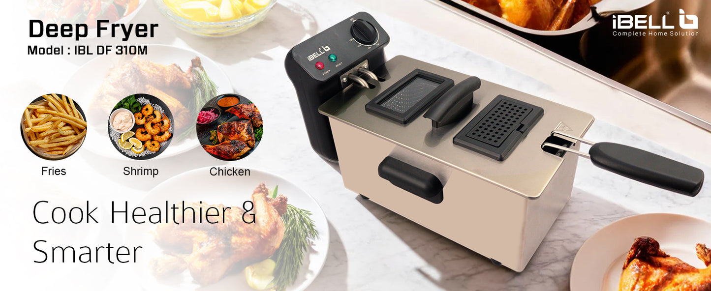 iBELL DF310M Electric Deep Fryer | 3 Litre Stainless Steel Body | 2000W High-Power Heating | Variable Temperature Control | Lid + Removable Basket | Silver