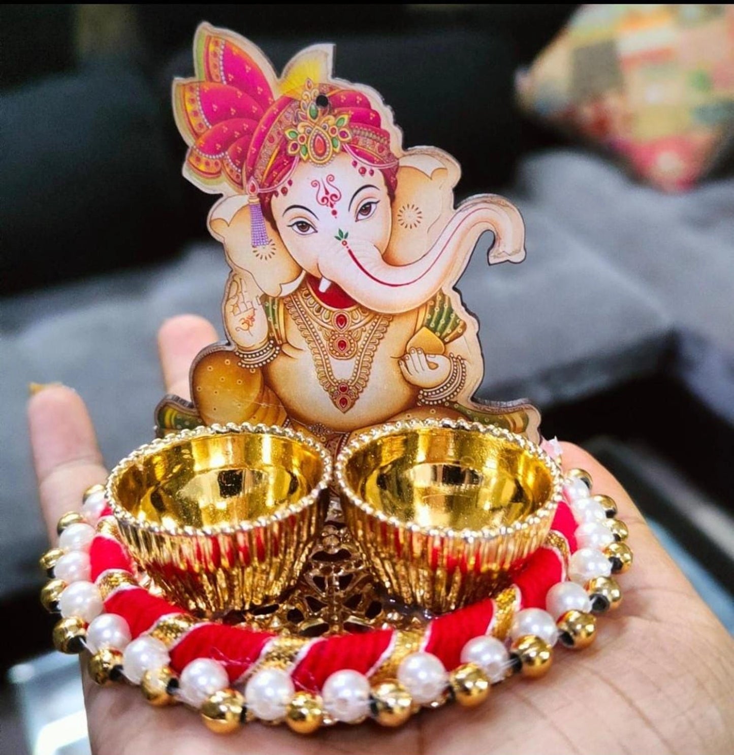 VMMPL Handmade Elegant Indian Haldi Kumkum Plate with Ganesh Ji for Home Decor Shagun Diwali Bhai Dooj Weddings and Festivals Gifting