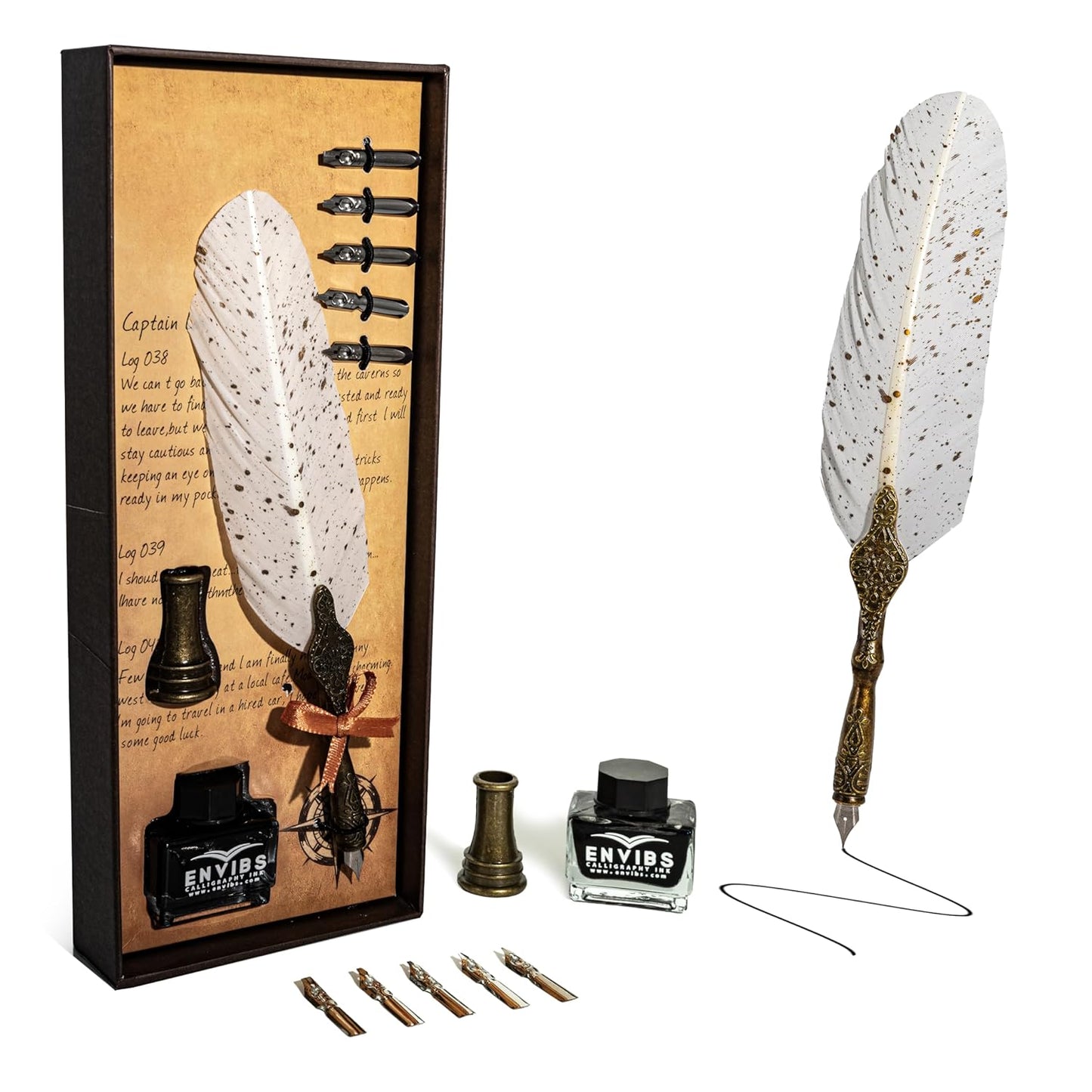 VMMPL Feather Pen Set with Ink Bottle and Pen Stand – Antique Calligraphy Writing Quill Dip Pen, 5 Replacement Nibs, Vintage Luxury Gift Set (White)