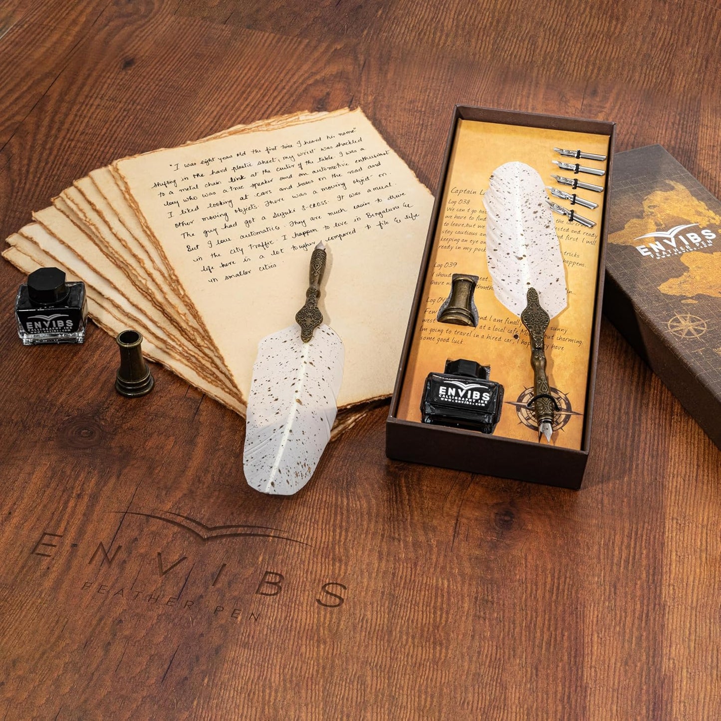 VMMPL Feather Pen Set with Ink Bottle and Pen Stand – Antique Calligraphy Writing Quill Dip Pen, 5 Replacement Nibs, Vintage Luxury Gift Set (White)