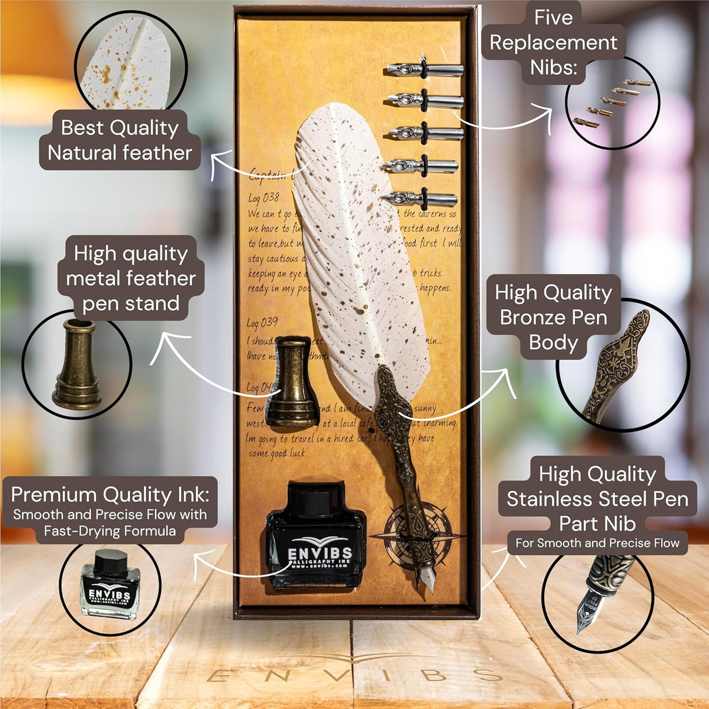 VMMPL Feather Pen Set with Ink Bottle and Pen Stand – Antique Calligraphy Writing Quill Dip Pen, 5 Replacement Nibs, Vintage Luxury Gift Set (White)