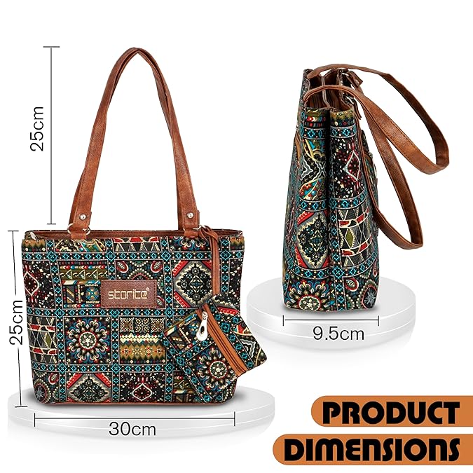 VMMPL Storite Women's Tote Bag with Leather Handles & Embroidery Print