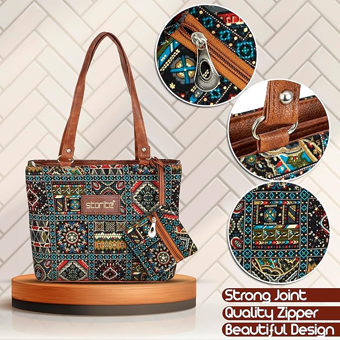 VMMPL Storite Women's Tote Bag with Leather Handles & Embroidery Print