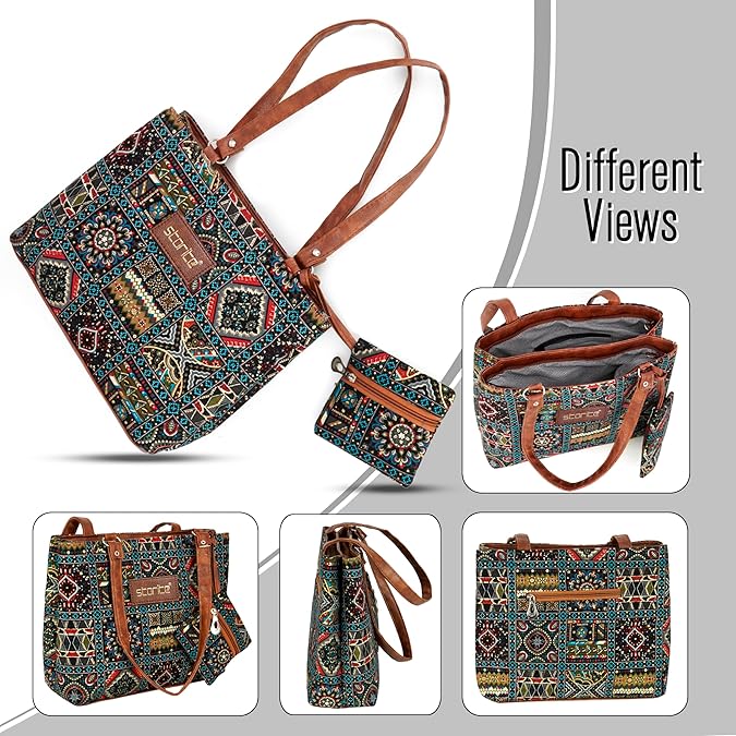 VMMPL Storite Women's Tote Bag with Leather Handles & Embroidery Print