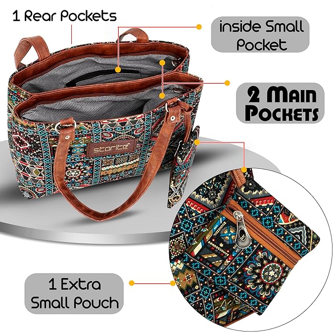 VMMPL Storite Women's Tote Bag with Leather Handles & Embroidery Print