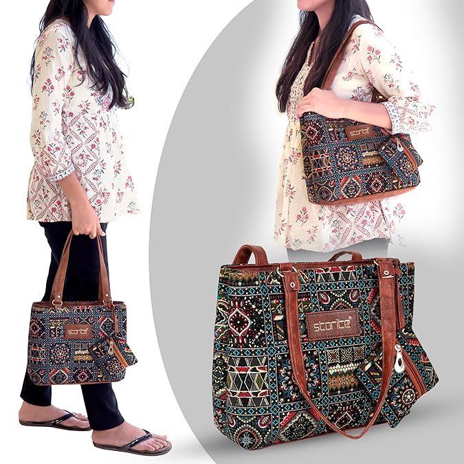 VMMPL Storite Women's Tote Bag with Leather Handles & Embroidery Print