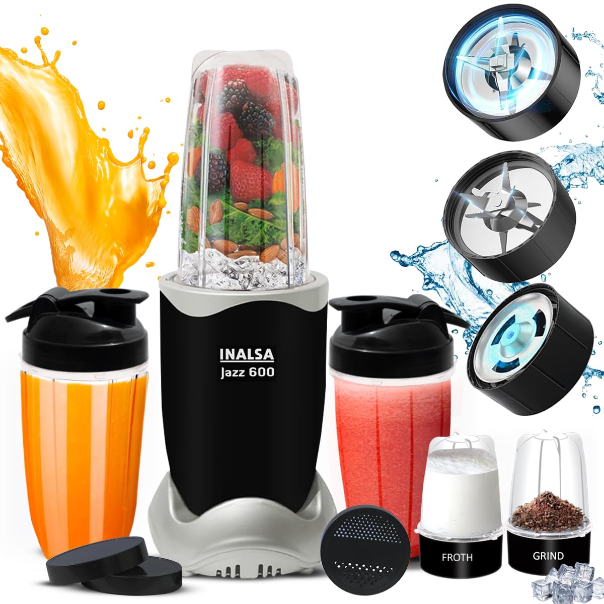 INALSA Jazz 600 Mixer Grinder | 600W Copper Motor | 5 Jars with Froth Blade | Smoothie Maker, Nutri Blender, Juicer & Grinder | Pulse Technology | 2-Year Warranty | Black/Silver