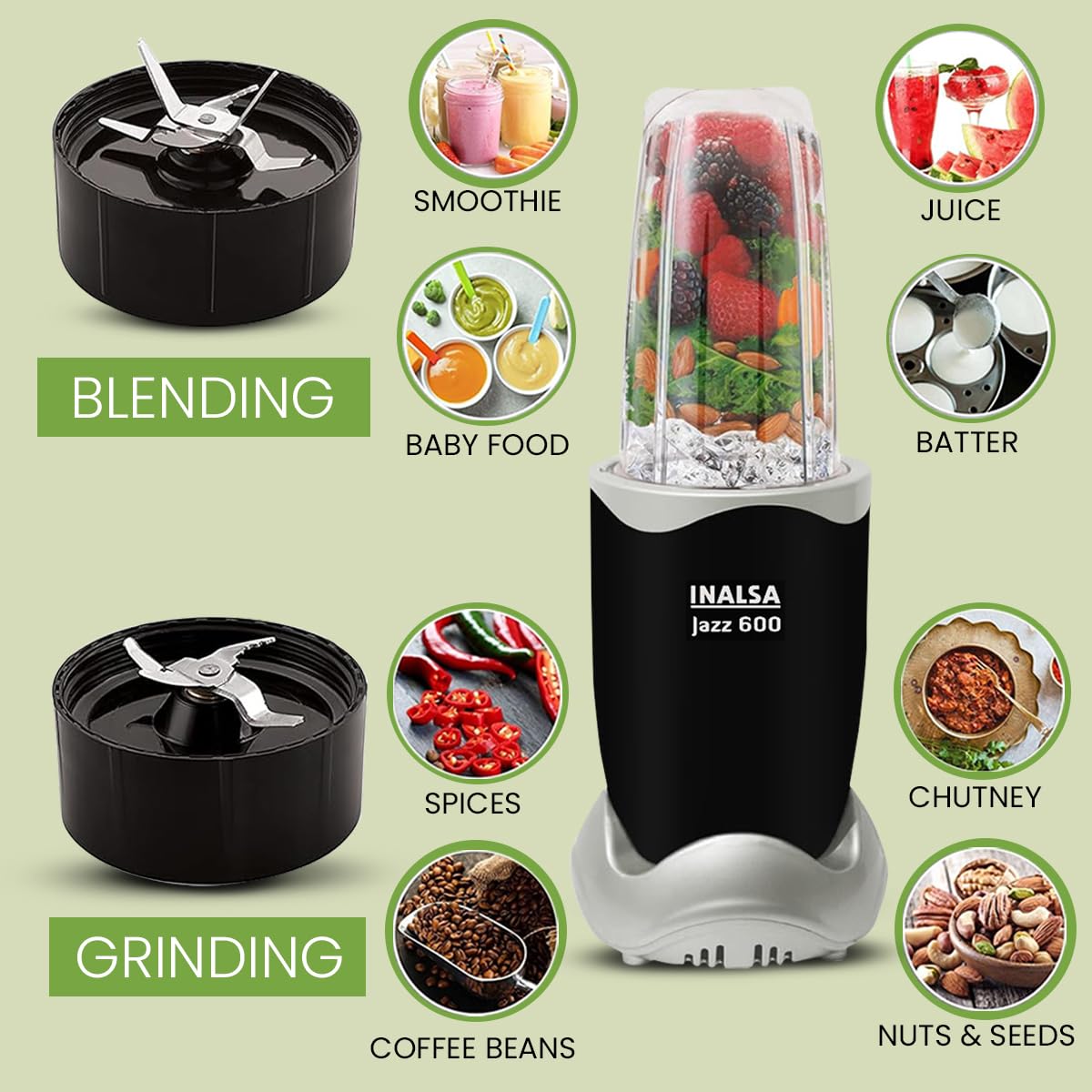 INALSA Jazz 600 Mixer Grinder | 600W Copper Motor | 5 Jars with Froth Blade | Smoothie Maker, Nutri Blender, Juicer & Grinder | Pulse Technology | 2-Year Warranty | Black/Silver