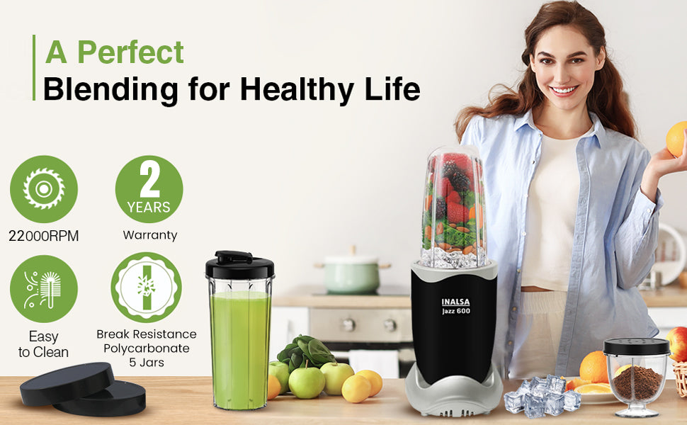 INALSA Jazz 600 Mixer Grinder | 600W Copper Motor | 5 Jars with Froth Blade | Smoothie Maker, Nutri Blender, Juicer & Grinder | Pulse Technology | 2-Year Warranty | Black/Silver