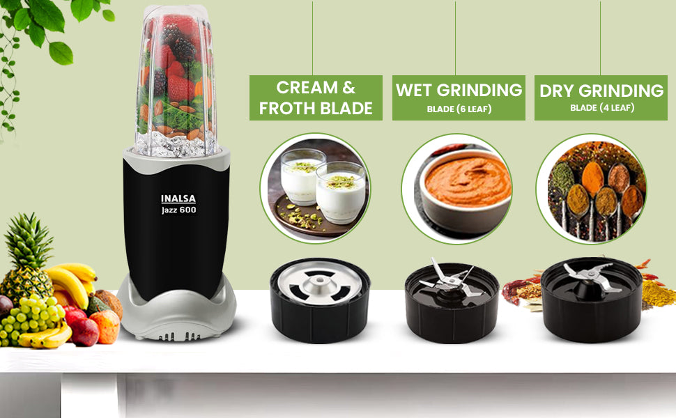 INALSA Jazz 600 Mixer Grinder | 600W Copper Motor | 5 Jars with Froth Blade | Smoothie Maker, Nutri Blender, Juicer & Grinder | Pulse Technology | 2-Year Warranty | Black/Silver