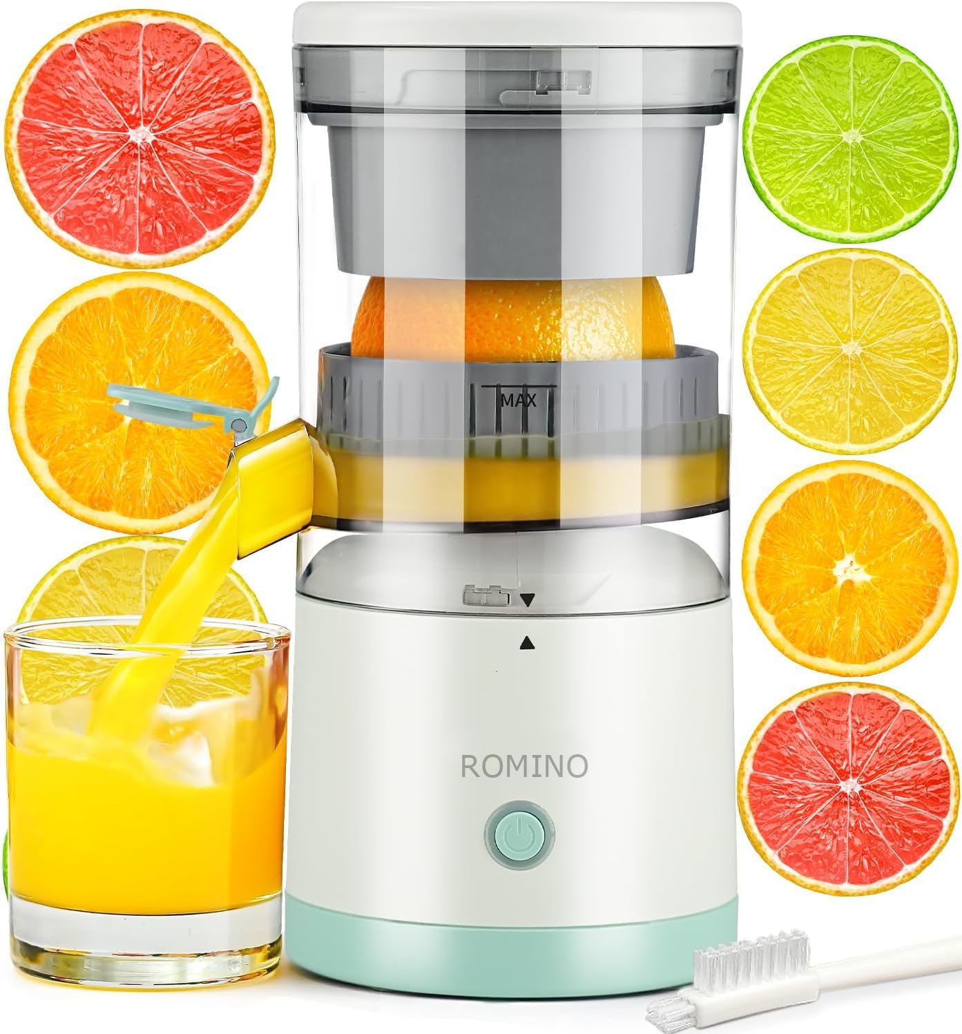 ROMINO Rechargeable Citrus Juicer | Portable Wireless Juicer for Oranges, Pomegranates & Lemons | BPA-Free Electric Juicer with USB Charging | Multicolour | 320g | 90% Juice Yield