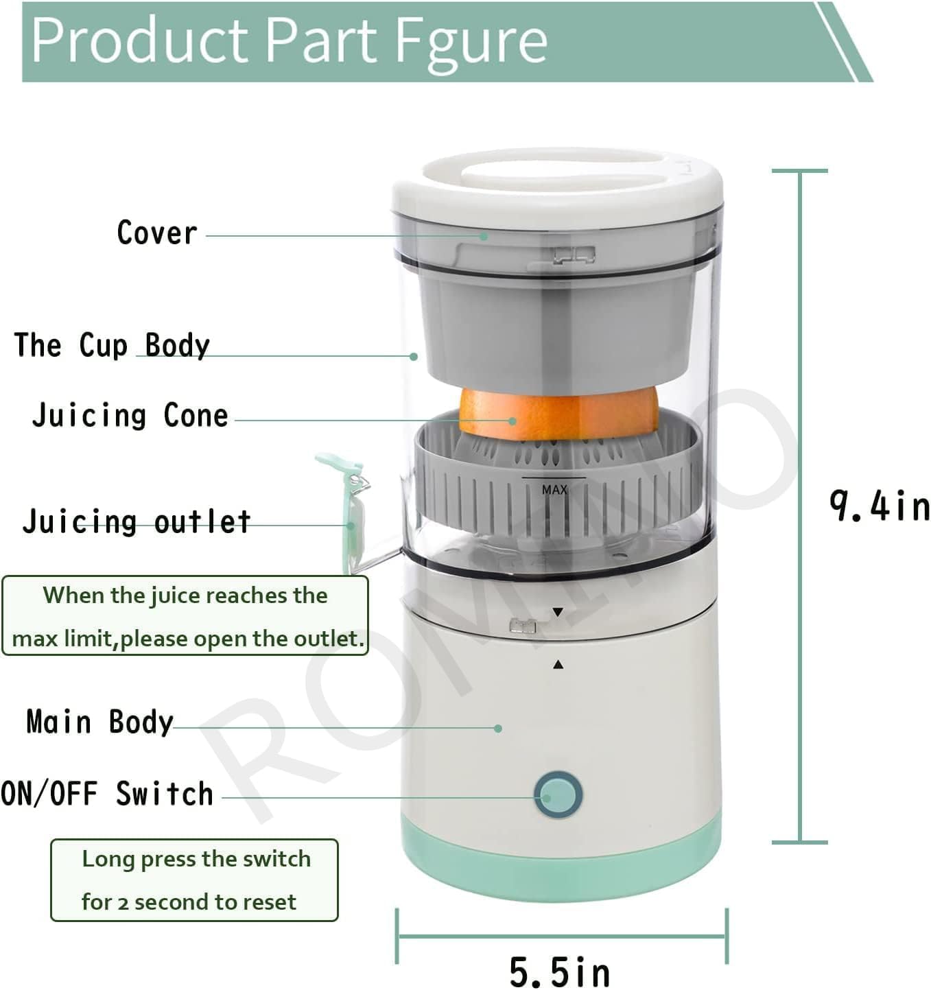 ROMINO Rechargeable Citrus Juicer | Portable Wireless Juicer for Oranges, Pomegranates & Lemons | BPA-Free Electric Juicer with USB Charging | Multicolour | 320g | 90% Juice Yield