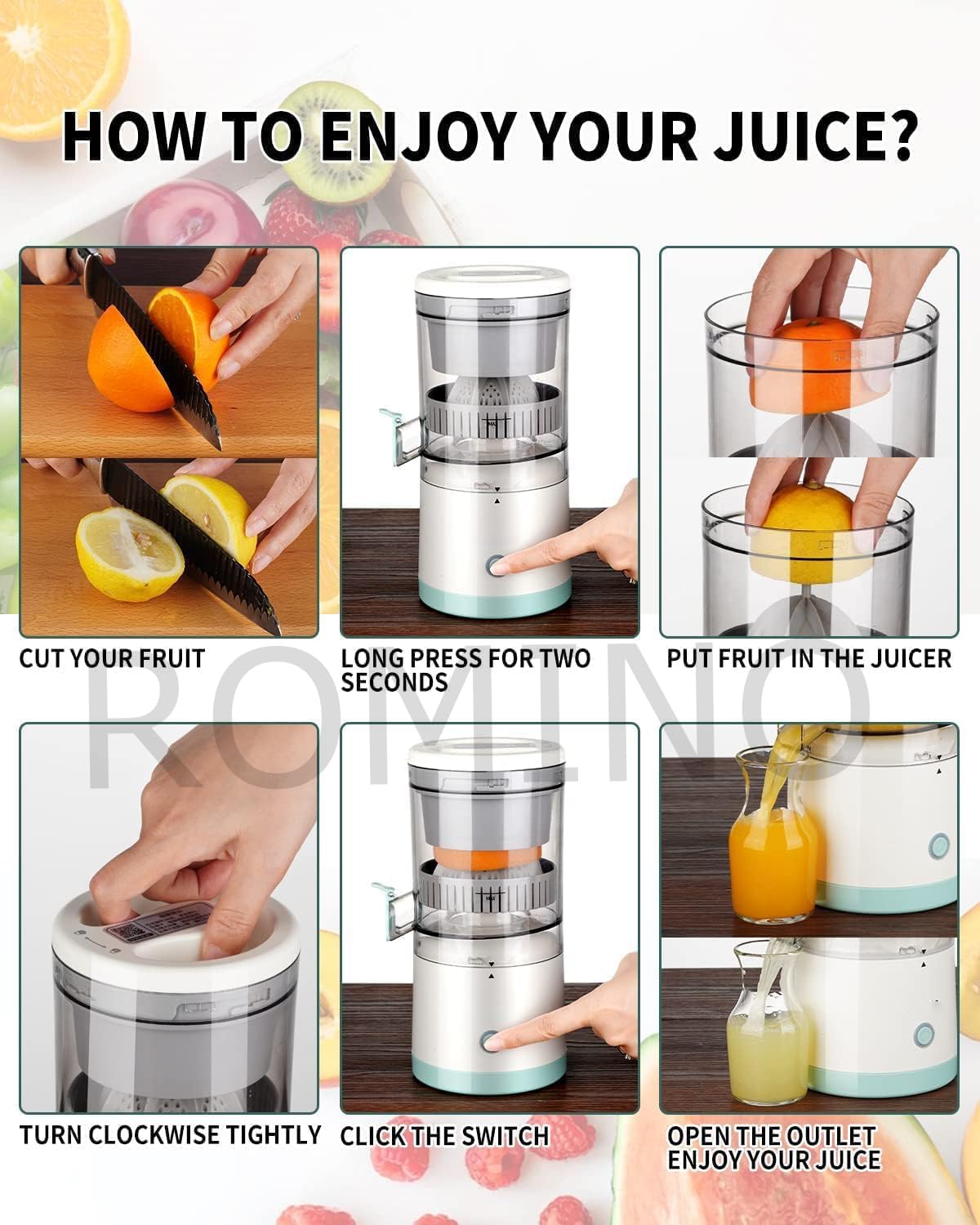 ROMINO Rechargeable Citrus Juicer | Portable Wireless Juicer for Oranges, Pomegranates & Lemons | BPA-Free Electric Juicer with USB Charging | Multicolour | 320g | 90% Juice Yield