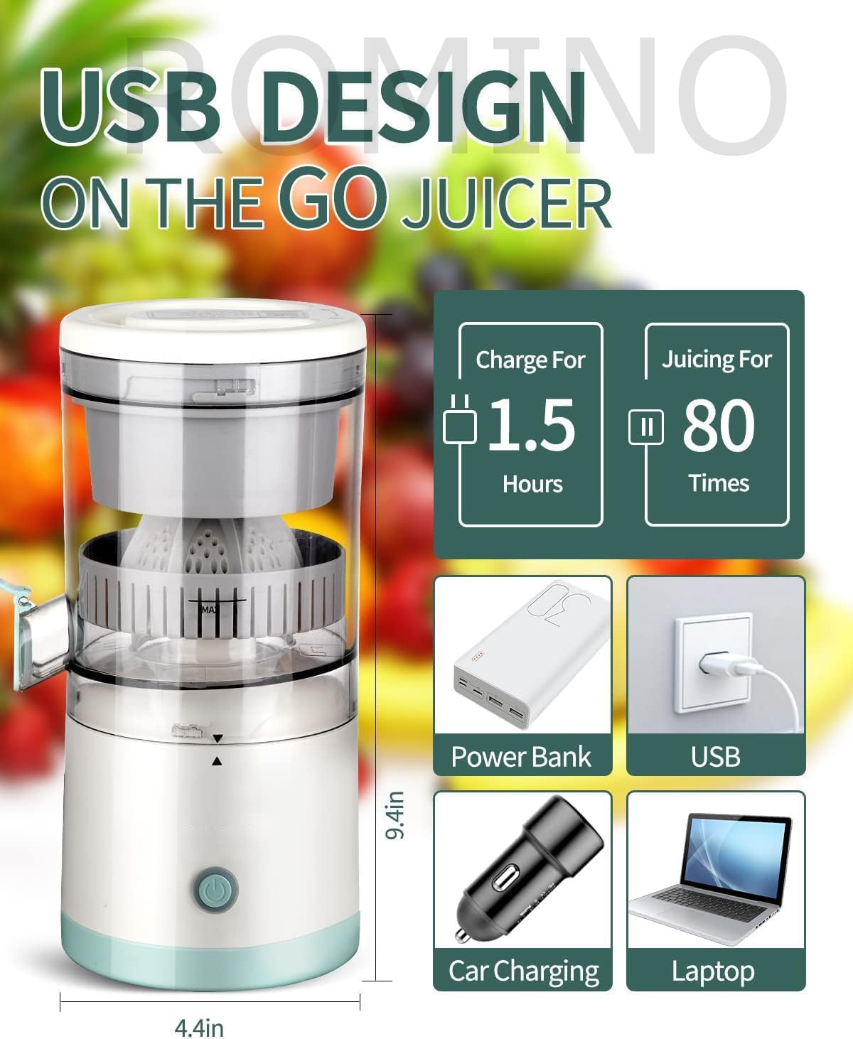 ROMINO Rechargeable Citrus Juicer | Portable Wireless Juicer for Oranges, Pomegranates & Lemons | BPA-Free Electric Juicer with USB Charging | Multicolour | 320g | 90% Juice Yield