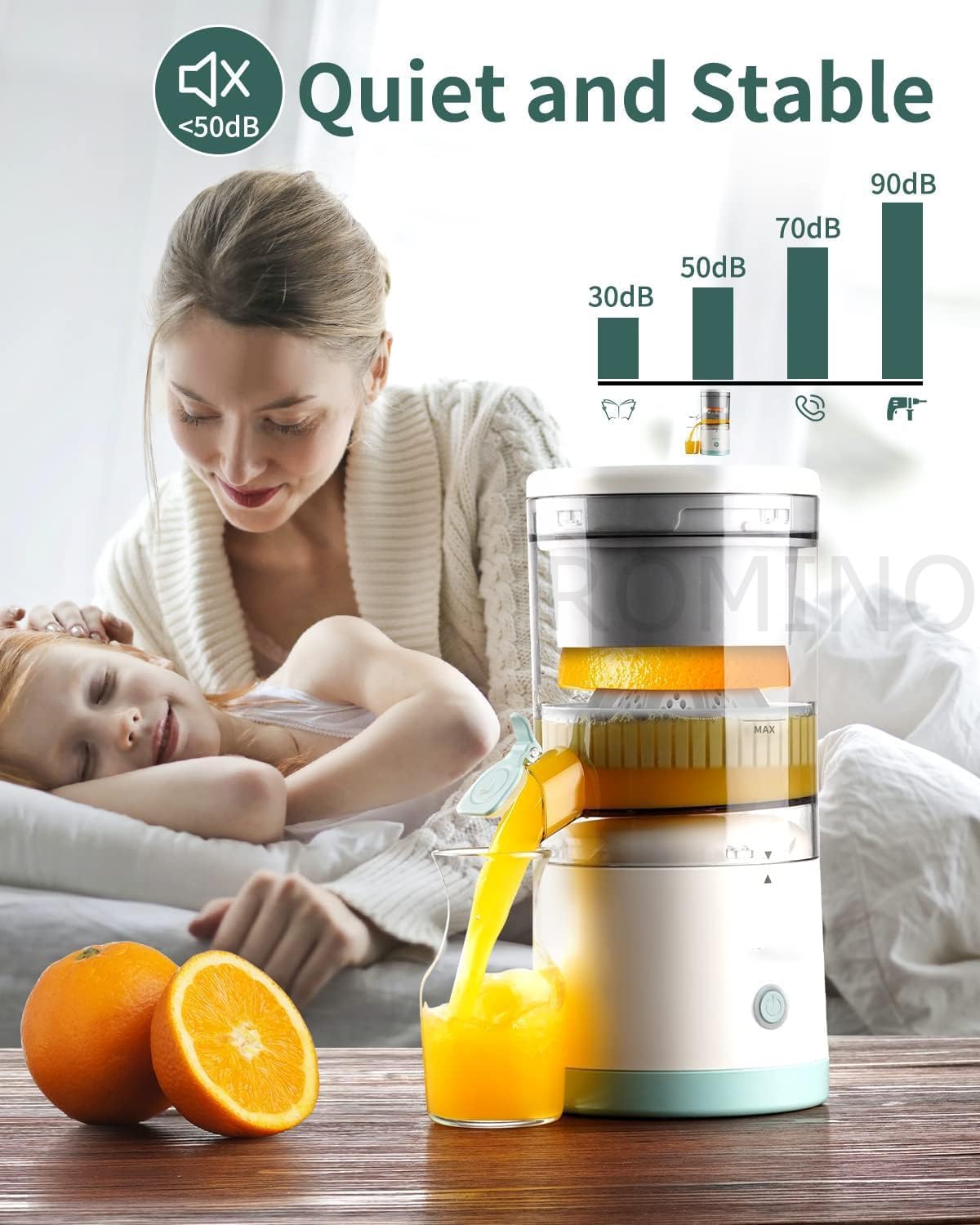 ROMINO Rechargeable Citrus Juicer | Portable Wireless Juicer for Oranges, Pomegranates & Lemons | BPA-Free Electric Juicer with USB Charging | Multicolour | 320g | 90% Juice Yield