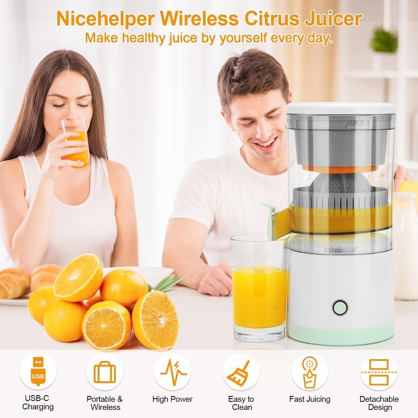 ROMINO Rechargeable Citrus Juicer | Portable Wireless Juicer for Oranges, Pomegranates & Lemons | BPA-Free Electric Juicer with USB Charging | Multicolour | 320g | 90% Juice Yield
