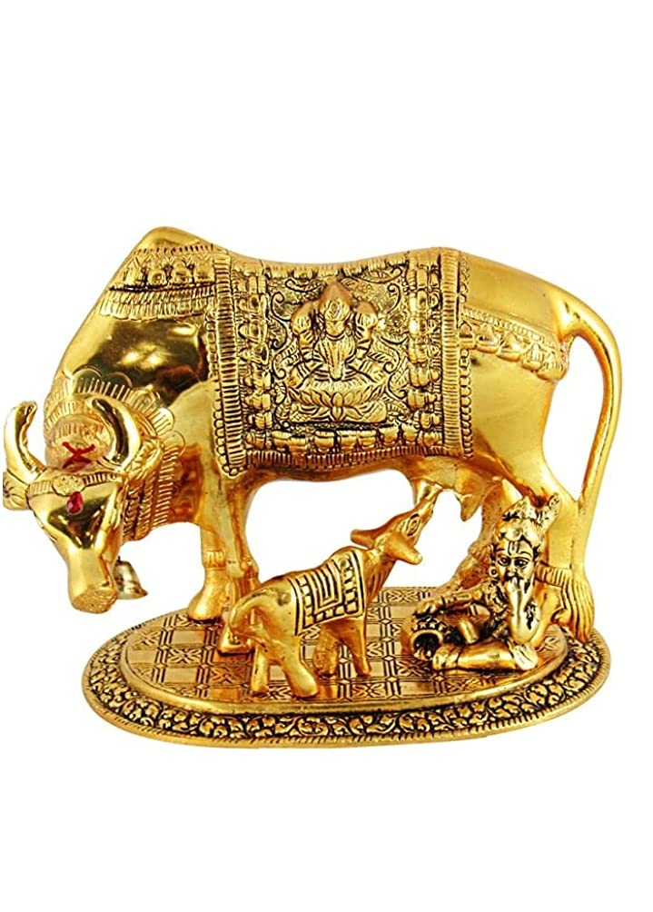 VMMPL Dust Polyresin Decorative Marble Kamdhenu Cow and Calf Statue | Handmade Religious Figurine | 6-inch Multicolour Ethnic Style | Resin Vastu Idol for Home & Office Decor | Gift Item for Housewarming, Diwali, Anniversary