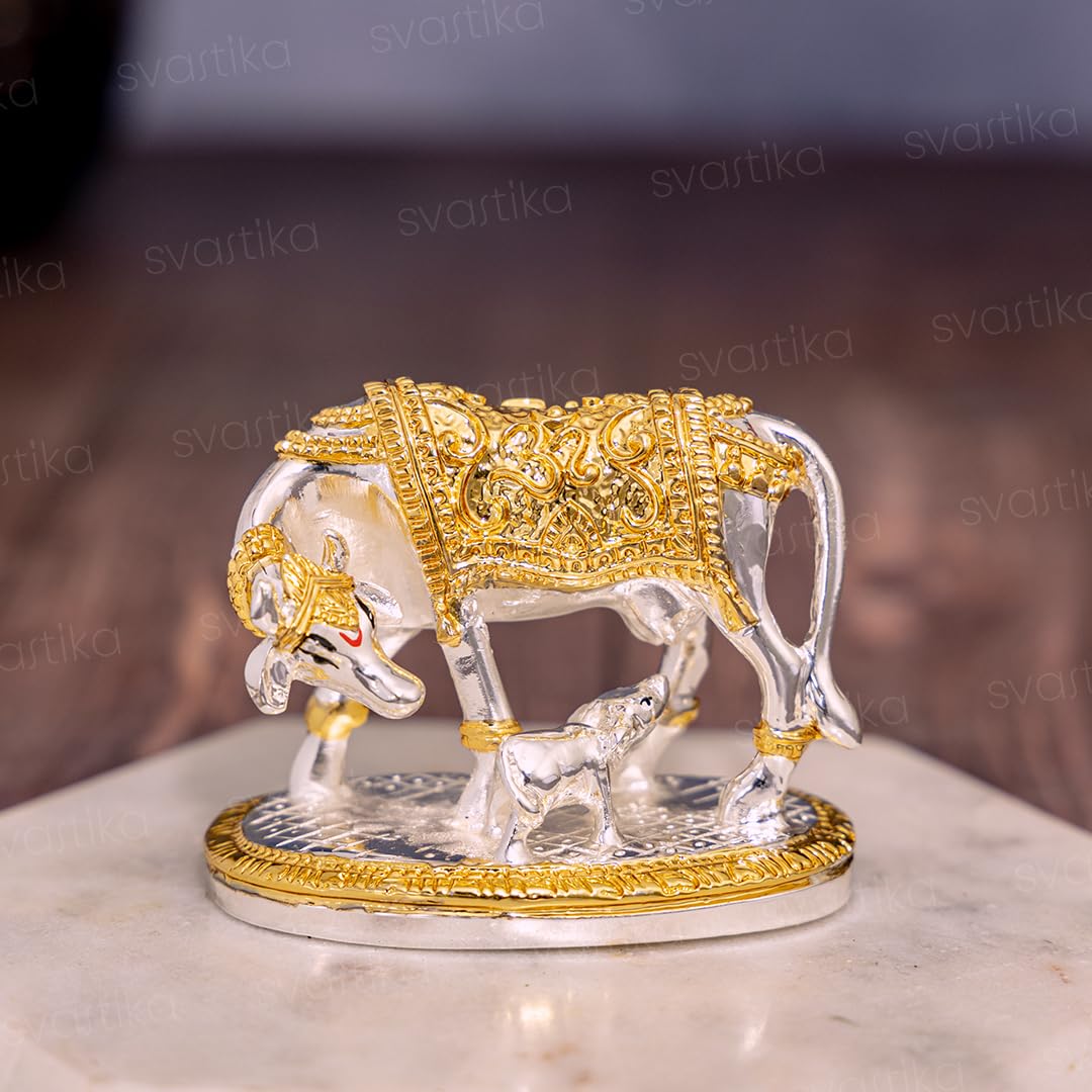 VMMPL Svastika Vastu Kamdhenu Cow with Calf Idol | 24K Gold & 999 Silver Plated Polyresin Statue | Powerful Vastu Remedy for Wealth & Positivity | Wedding, Housewarming, Diwali Gift | 7.6 x 3.8 x 6.1 cm | 2 Pc Set