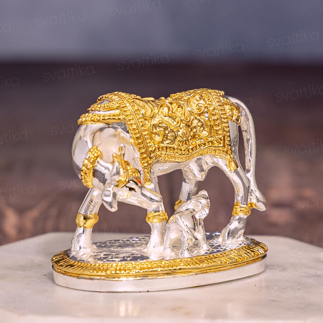 VMMPL Svastika Vastu Kamdhenu Cow with Calf Idol | 24K Gold & 999 Silver Plated Polyresin Statue | Powerful Vastu Remedy for Wealth & Positivity | Wedding, Housewarming, Diwali Gift | 7.6 x 3.8 x 6.1 cm | 2 Pc Set