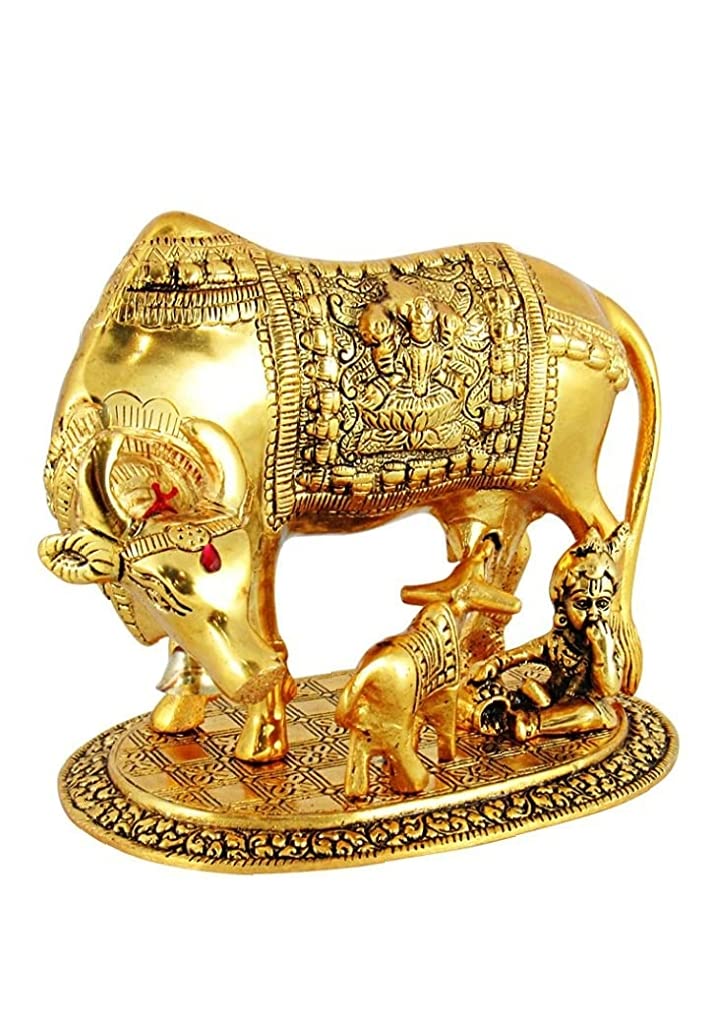 VMMPL Dust Polyresin Decorative Marble Kamdhenu Cow and Calf Statue | Handmade Religious Figurine | 6-inch Multicolour Ethnic Style | Resin Vastu Idol for Home & Office Decor | Gift Item for Housewarming, Diwali, Anniversary