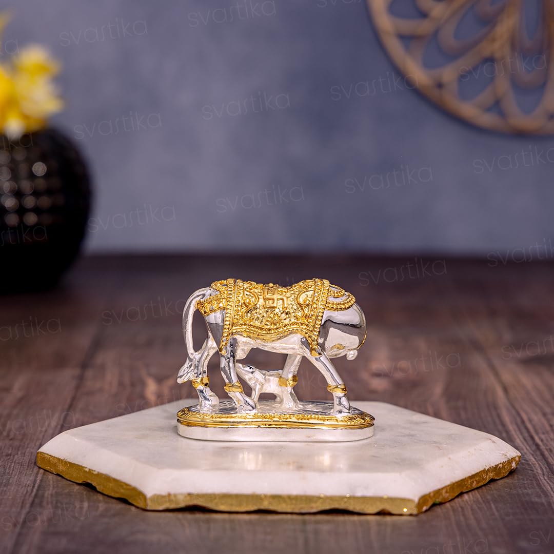 VMMPL Svastika Vastu Kamdhenu Cow with Calf Idol | 24K Gold & 999 Silver Plated Polyresin Statue | Powerful Vastu Remedy for Wealth & Positivity | Wedding, Housewarming, Diwali Gift | 7.6 x 3.8 x 6.1 cm | 2 Pc Set
