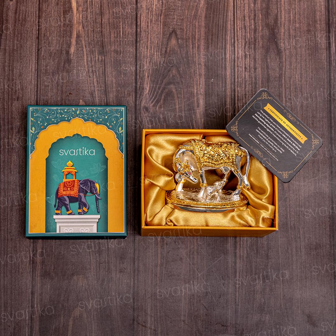VMMPL Svastika Vastu Kamdhenu Cow with Calf Idol | 24K Gold & 999 Silver Plated Polyresin Statue | Powerful Vastu Remedy for Wealth & Positivity | Wedding, Housewarming, Diwali Gift | 7.6 x 3.8 x 6.1 cm | 2 Pc Set