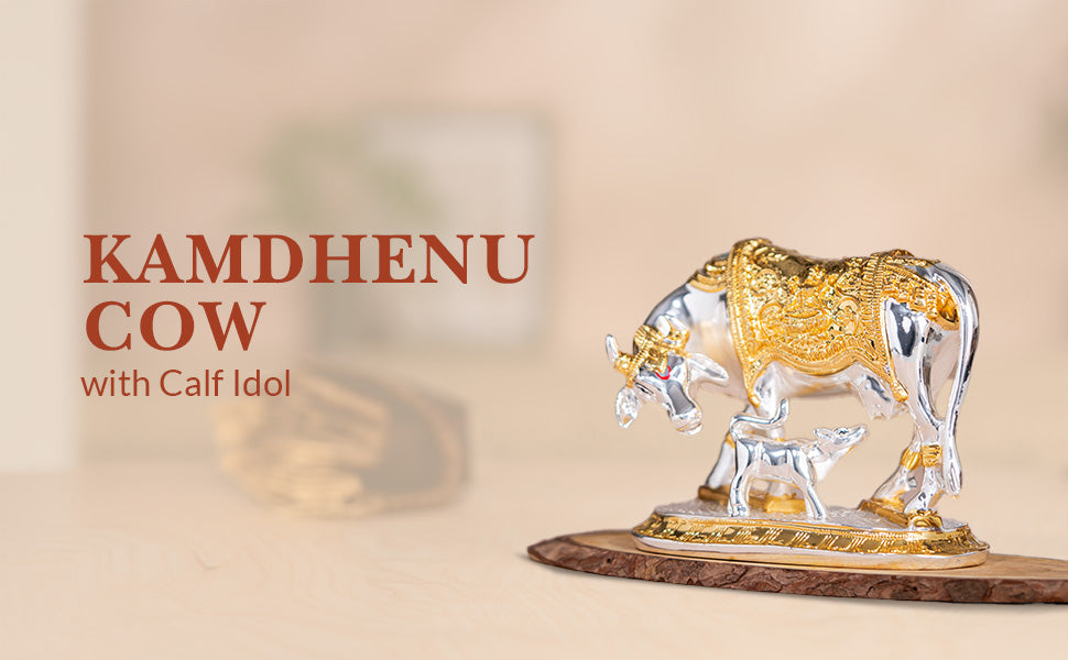 VMMPL Svastika Vastu Kamdhenu Cow with Calf Idol | 24K Gold & 999 Silver Plated Polyresin Statue | Powerful Vastu Remedy for Wealth & Positivity | Wedding, Housewarming, Diwali Gift | 7.6 x 3.8 x 6.1 cm | 2 Pc Set