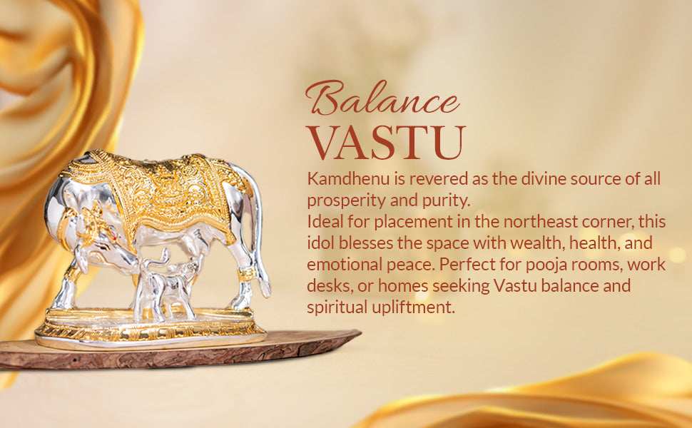 VMMPL Svastika Vastu Kamdhenu Cow with Calf Idol | 24K Gold & 999 Silver Plated Polyresin Statue | Powerful Vastu Remedy for Wealth & Positivity | Wedding, Housewarming, Diwali Gift | 7.6 x 3.8 x 6.1 cm | 2 Pc Set