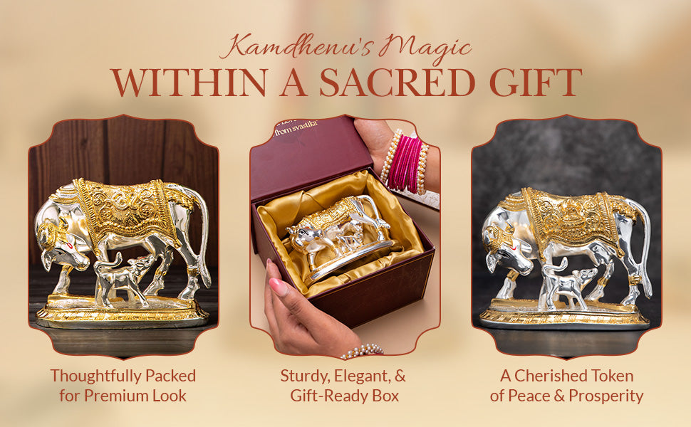 VMMPL Svastika Vastu Kamdhenu Cow with Calf Idol | 24K Gold & 999 Silver Plated Polyresin Statue | Powerful Vastu Remedy for Wealth & Positivity | Wedding, Housewarming, Diwali Gift | 7.6 x 3.8 x 6.1 cm | 2 Pc Set
