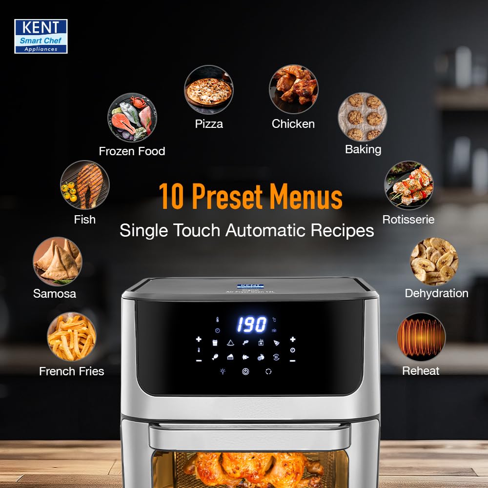 KENT Digital Air Fryer Oven 12L | 1800W | 360° Rapid Heat Circulation | 10 Preset Menus | Bake, Grill & Roast | Digital Display & Touch Control Panel | Dehydration & Rotisserie Function