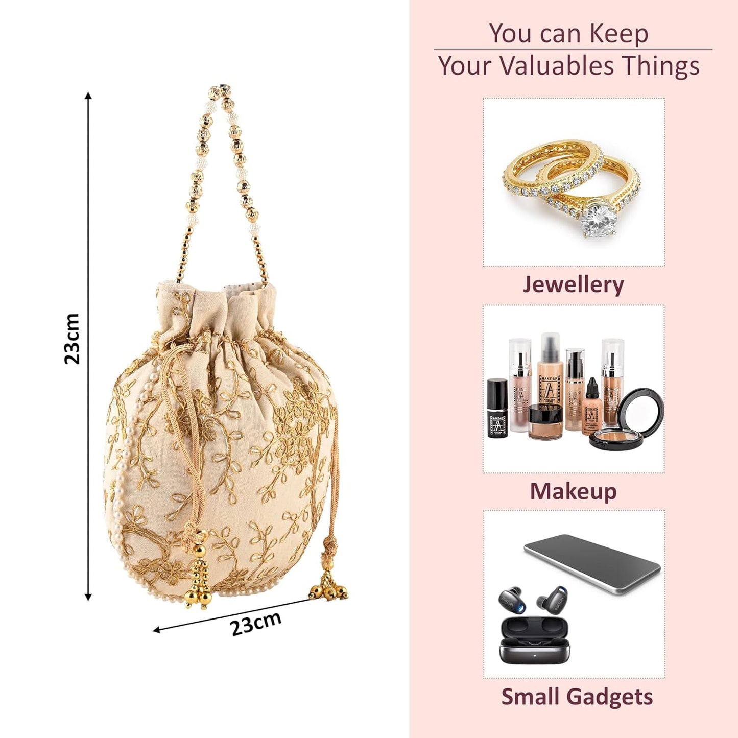 VMMPL Potli Bags for Ladies & Girls | Women Shagun Pouches for Festive Seasons | Batwa Bag Bridal Purse With Embroidery -Cream