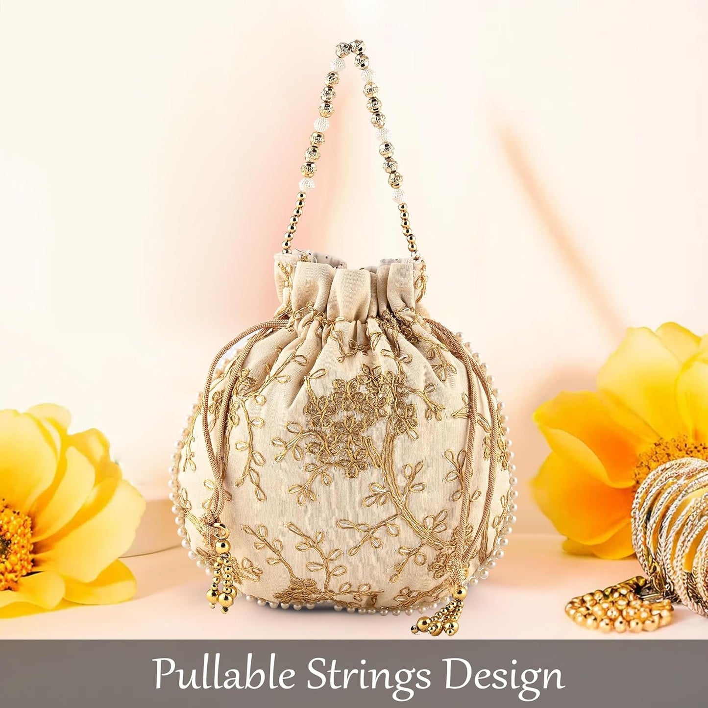VMMPL Potli Bags for Ladies & Girls | Women Shagun Pouches for Festive Seasons | Batwa Bag Bridal Purse With Embroidery -Cream