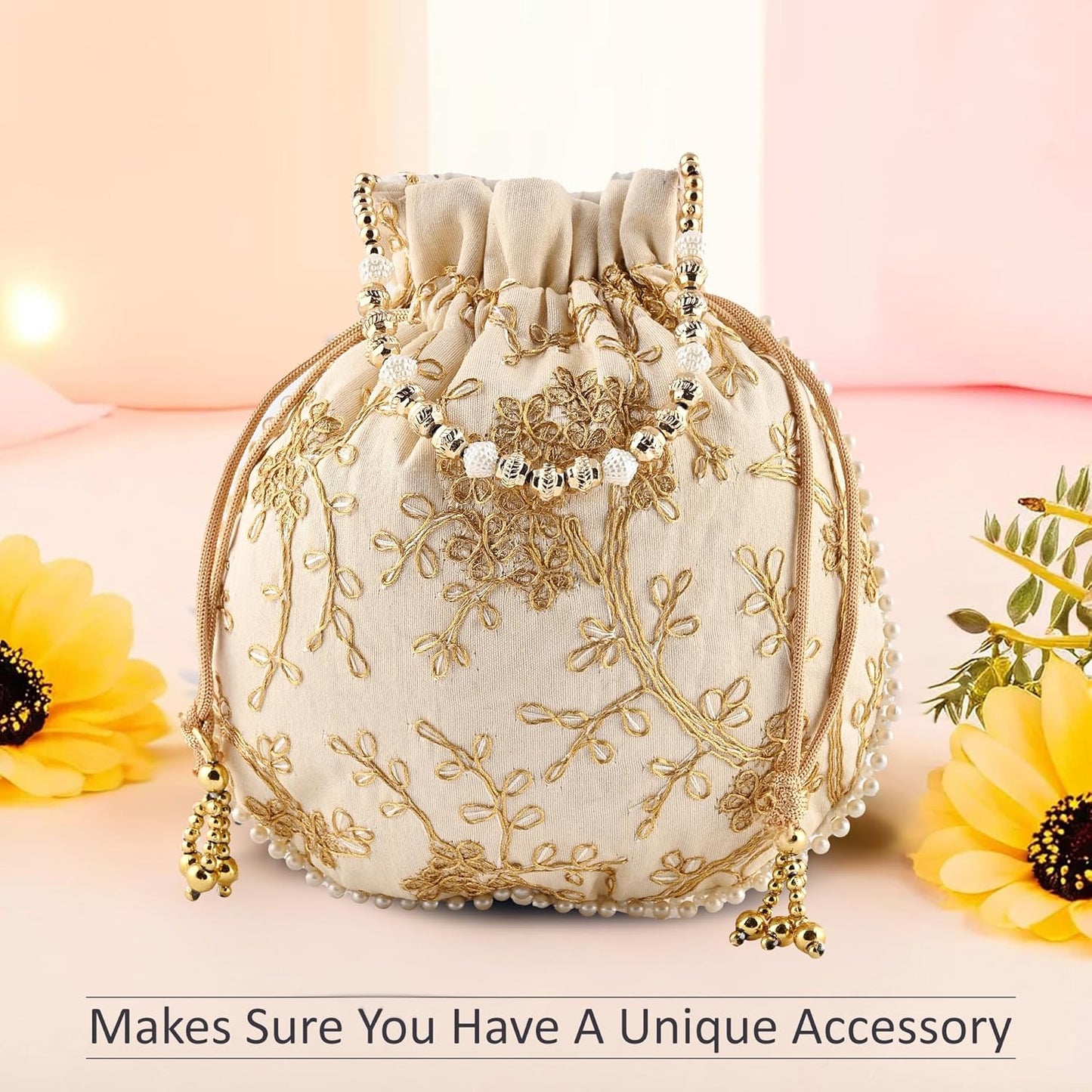 VMMPL Potli Bags for Ladies & Girls | Women Shagun Pouches for Festive Seasons | Batwa Bag Bridal Purse With Embroidery -Cream