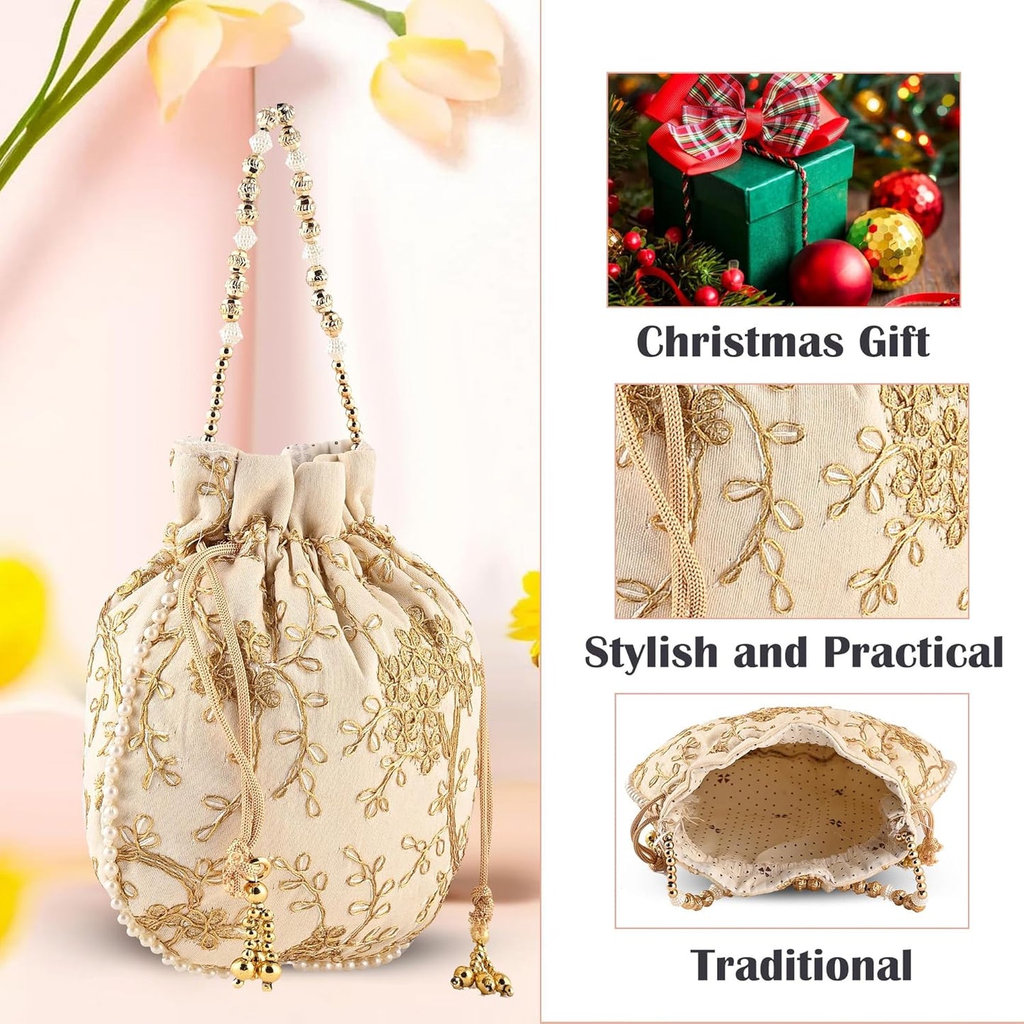 VMMPL Potli Bags for Ladies & Girls | Women Shagun Pouches for Festive Seasons | Batwa Bag Bridal Purse With Embroidery -Cream