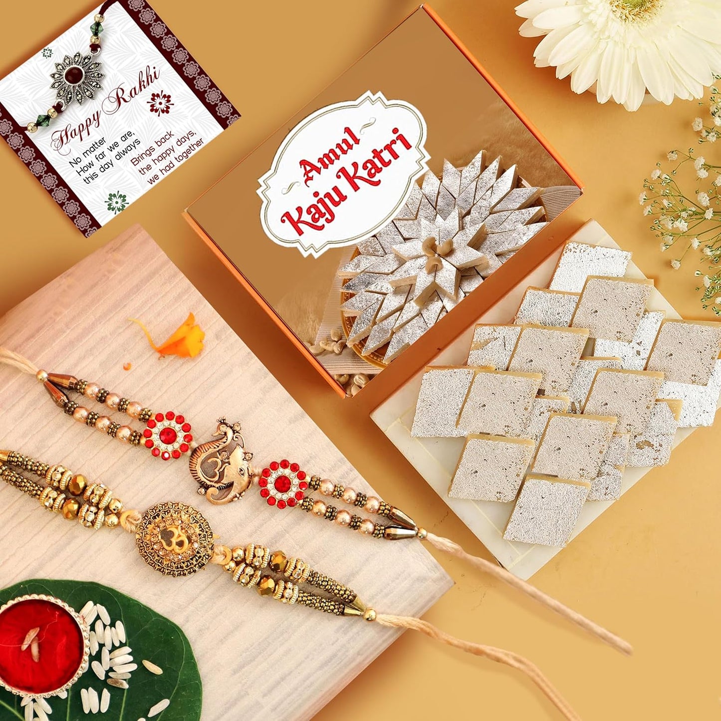 VMMPL TIED RIBBONS Rakhi Combo Gift for Brother โ Set of 2 Premium Handmade Rakhis with 200g Kaju Katli, Mini Greeting Card & Roli Chawal | Vegetarian Festive Rakhi Gift Pack | Use By: 02 Oct 2025
