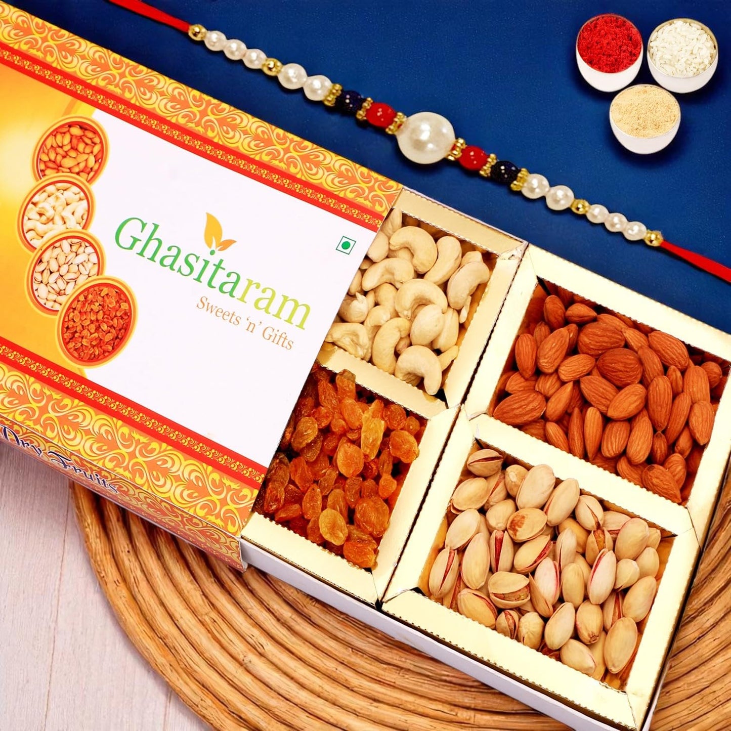 VMMPL Gifts Rakhi for Brother | Orange Dry Fruit Gift Box (200g) with Designer Rakhi | No Preservatives | Festive Gift Hamper – Vegetarian