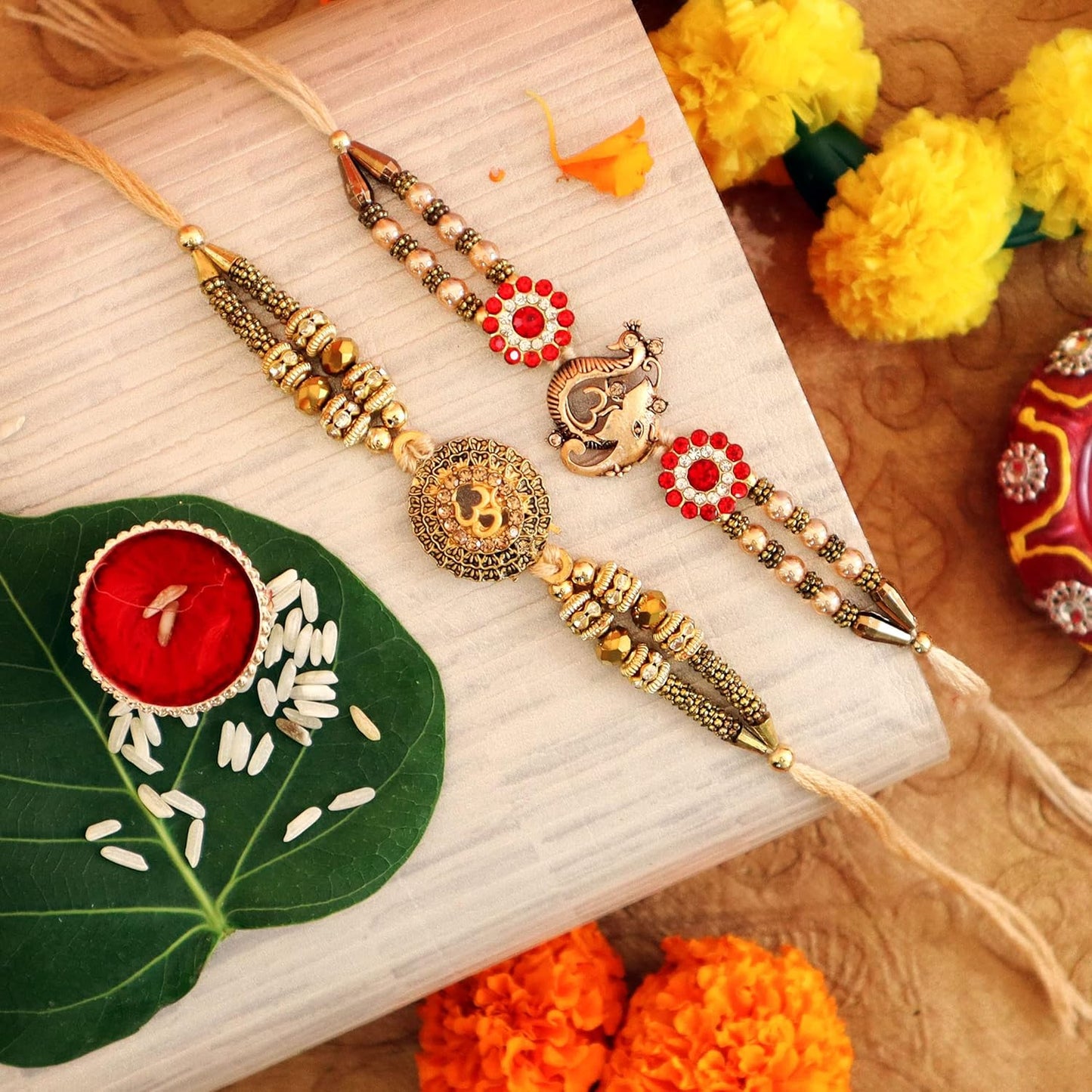 VMMPL TIED RIBBONS Rakhi Combo Gift for Brother โ Set of 2 Premium Handmade Rakhis with 200g Kaju Katli, Mini Greeting Card & Roli Chawal | Vegetarian Festive Rakhi Gift Pack | Use By: 02 Oct 2025