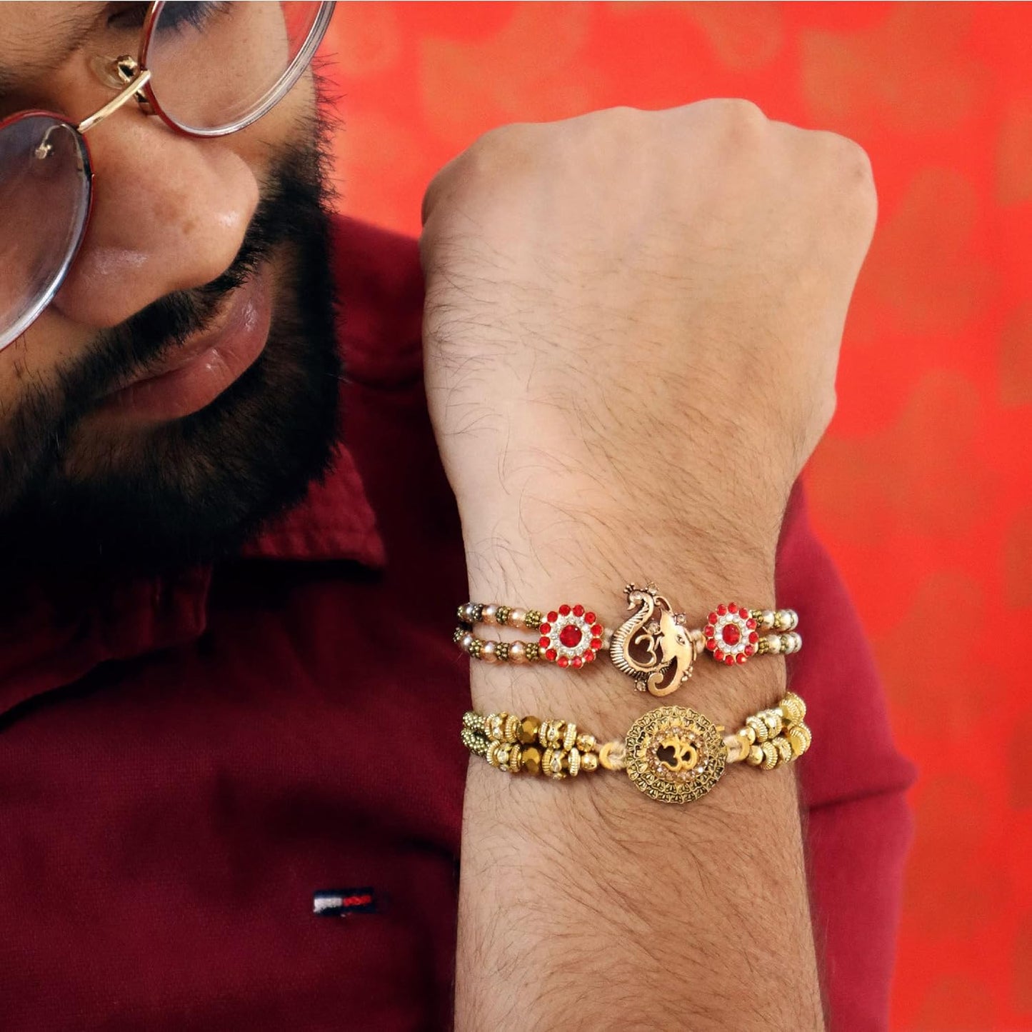 VMMPL TIED RIBBONS Rakhi Combo Gift for Brother โ Set of 2 Premium Handmade Rakhis with 200g Kaju Katli, Mini Greeting Card & Roli Chawal | Vegetarian Festive Rakhi Gift Pack | Use By: 02 Oct 2025
